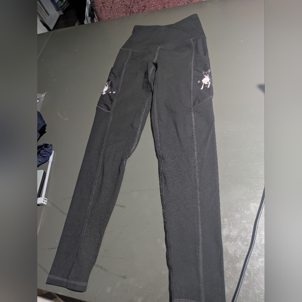 E&S Pets Black High-Waisted Leggings with Boston Terrier On Pockets Size Small
